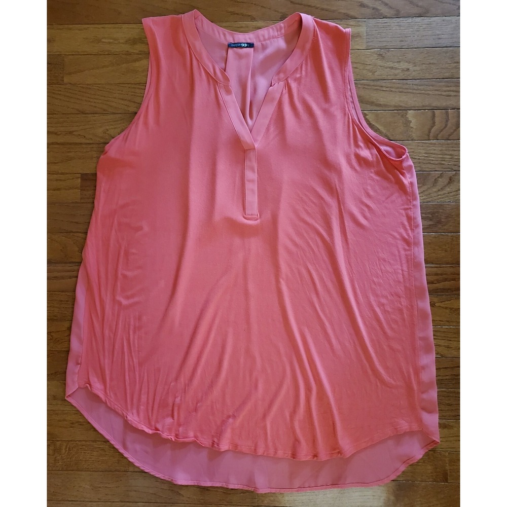 Papermoon Women's Long Sleeveless Top Knit Front Chiffon Back 2X Coral Hi-lo hem